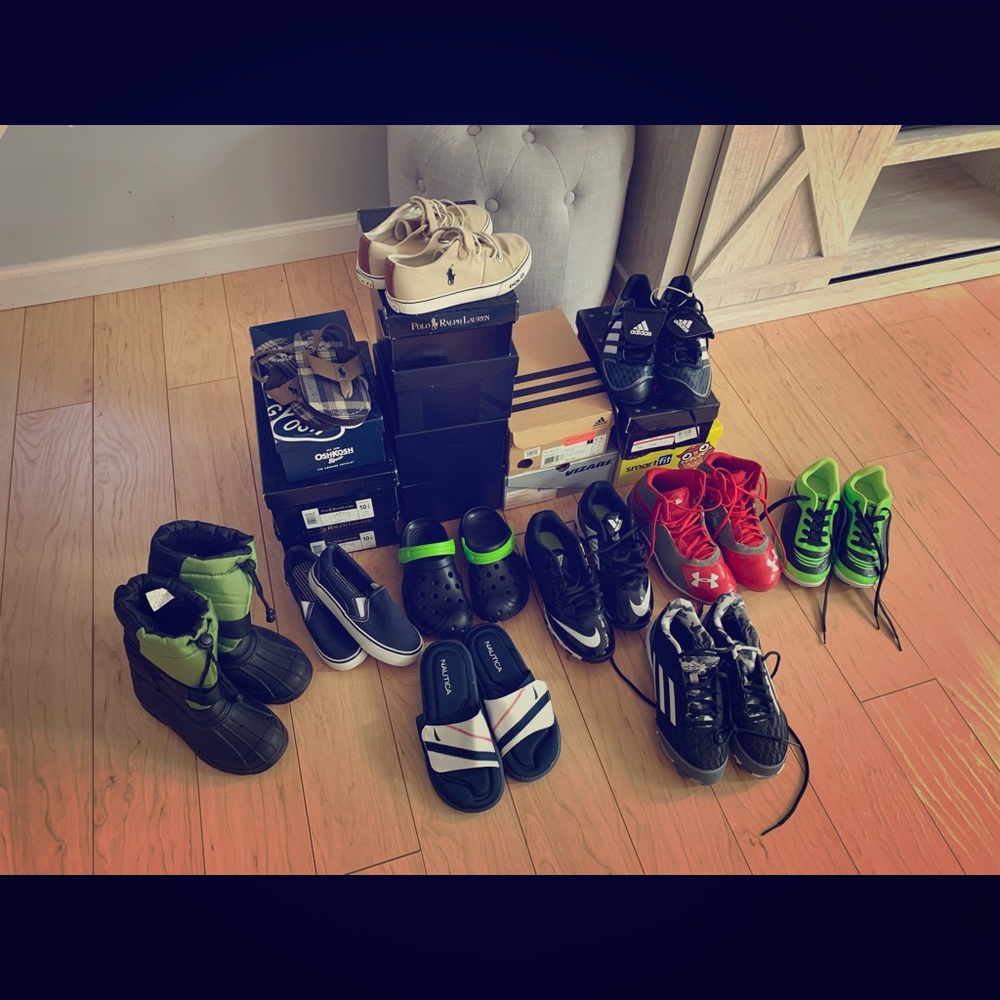 Boys shoes sneakers cleats & flip flops.
